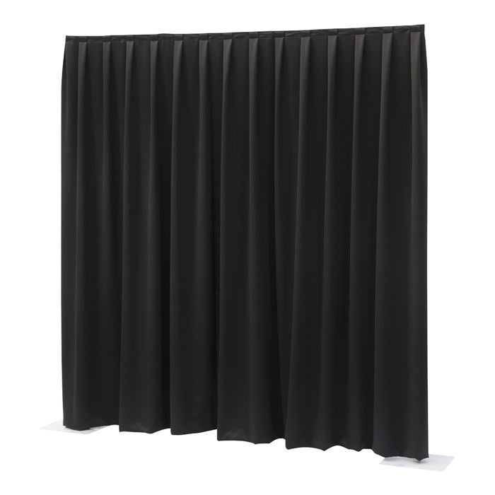 Wentex black pleated wool serge drape, 3m by 3m, available to hire from MAV Hire, Norfolk
