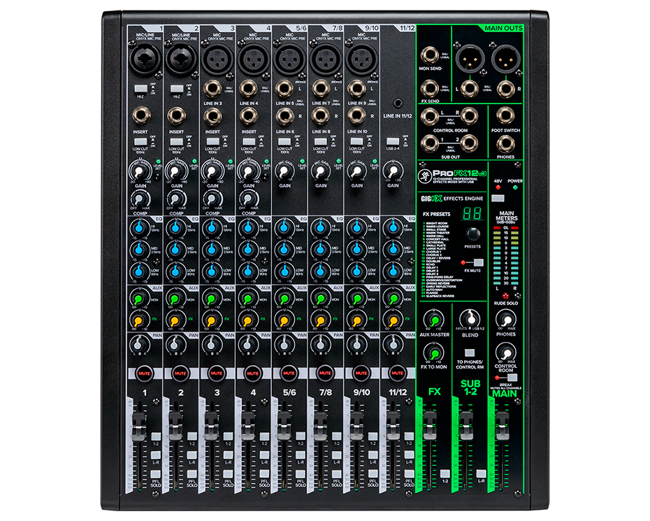 Mackie ProFX12v3 12-channel analogue mixer, available to hire from MAV Hire, Norfolk