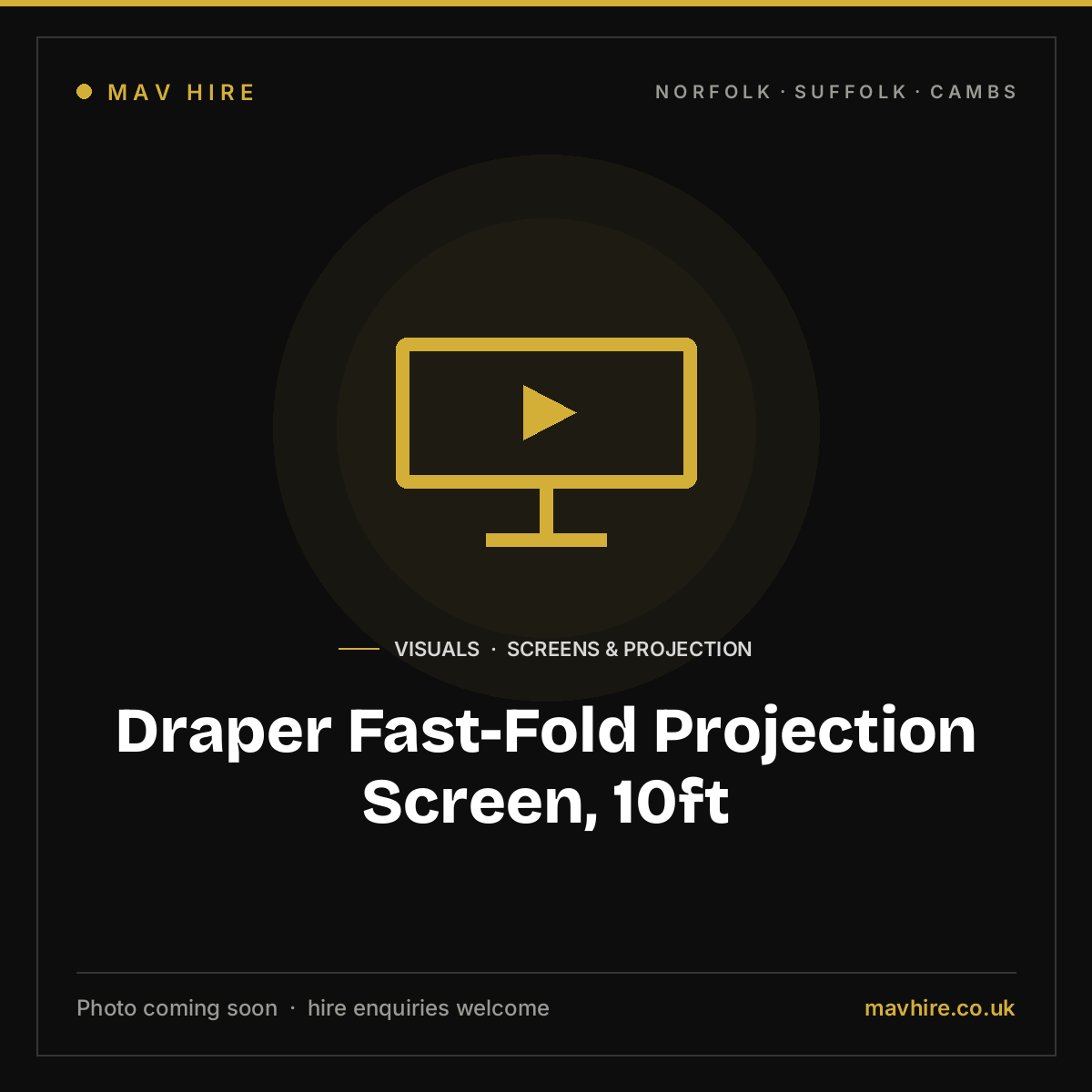 Draper Fast-Fold Projection Screen, 10ft — photo coming soon. Available to hire from MAV Hire, Norfolk.