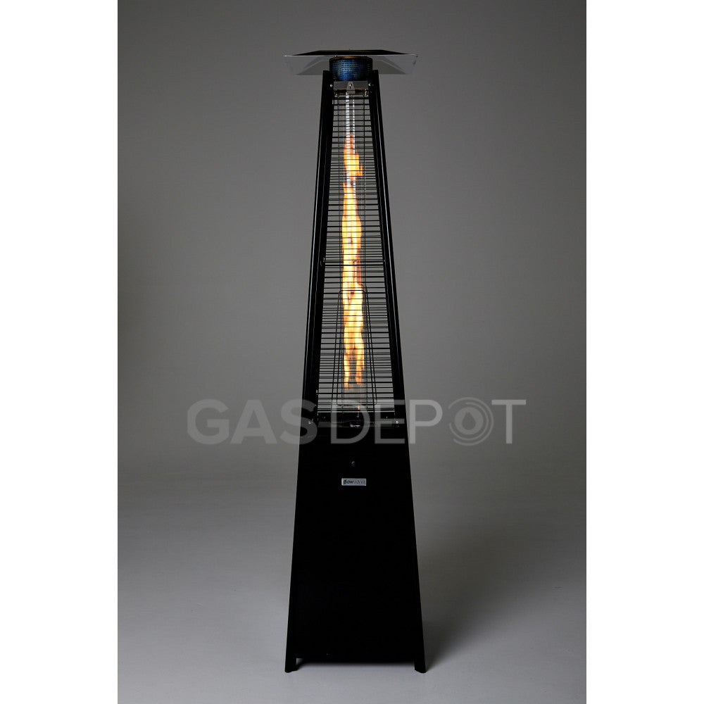 Black pyramid flame patio heater lit, available to hire from MAV Hire