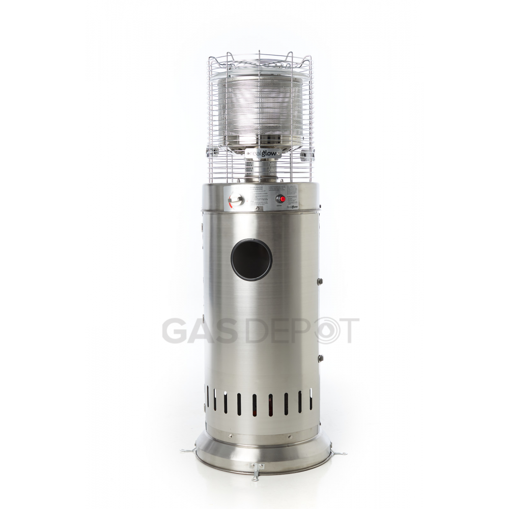 Bullet gas patio heater lit, showing the glowing radiant burner