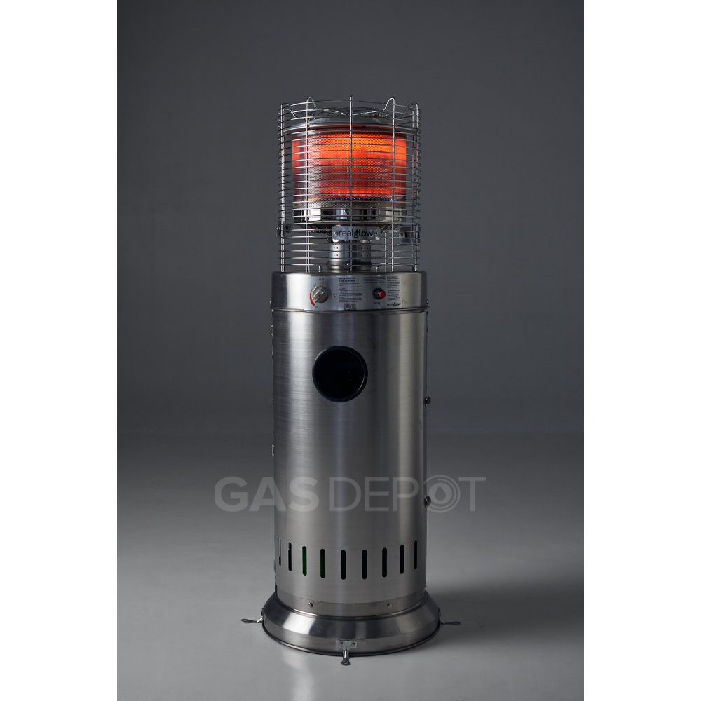 Silver stainless steel bullet gas patio heater, available to hire from MAV Hire