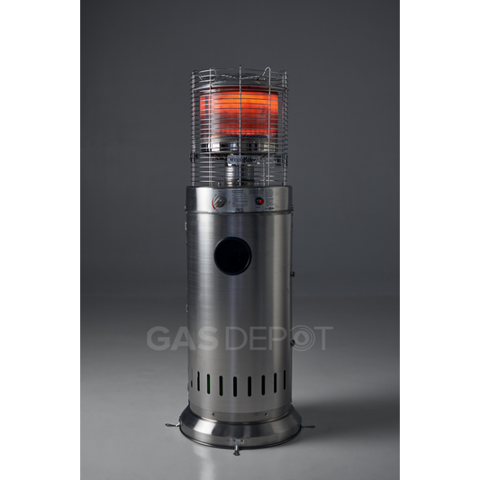Silver stainless steel bullet gas patio heater, available to hire from MAV Hire