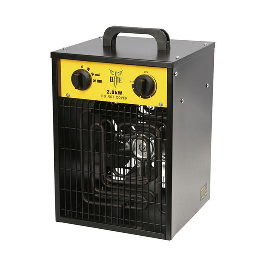 Compact electric fan heater with a carry handle, available to hire from MAV Hire