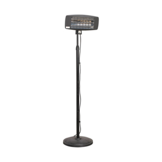 Electric infrared heater on a tall stand, available to hire from MAV Hire