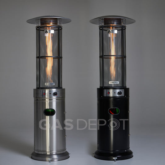 15kW flame tower patio heaters in silver and black, available to hire from MAV Hire