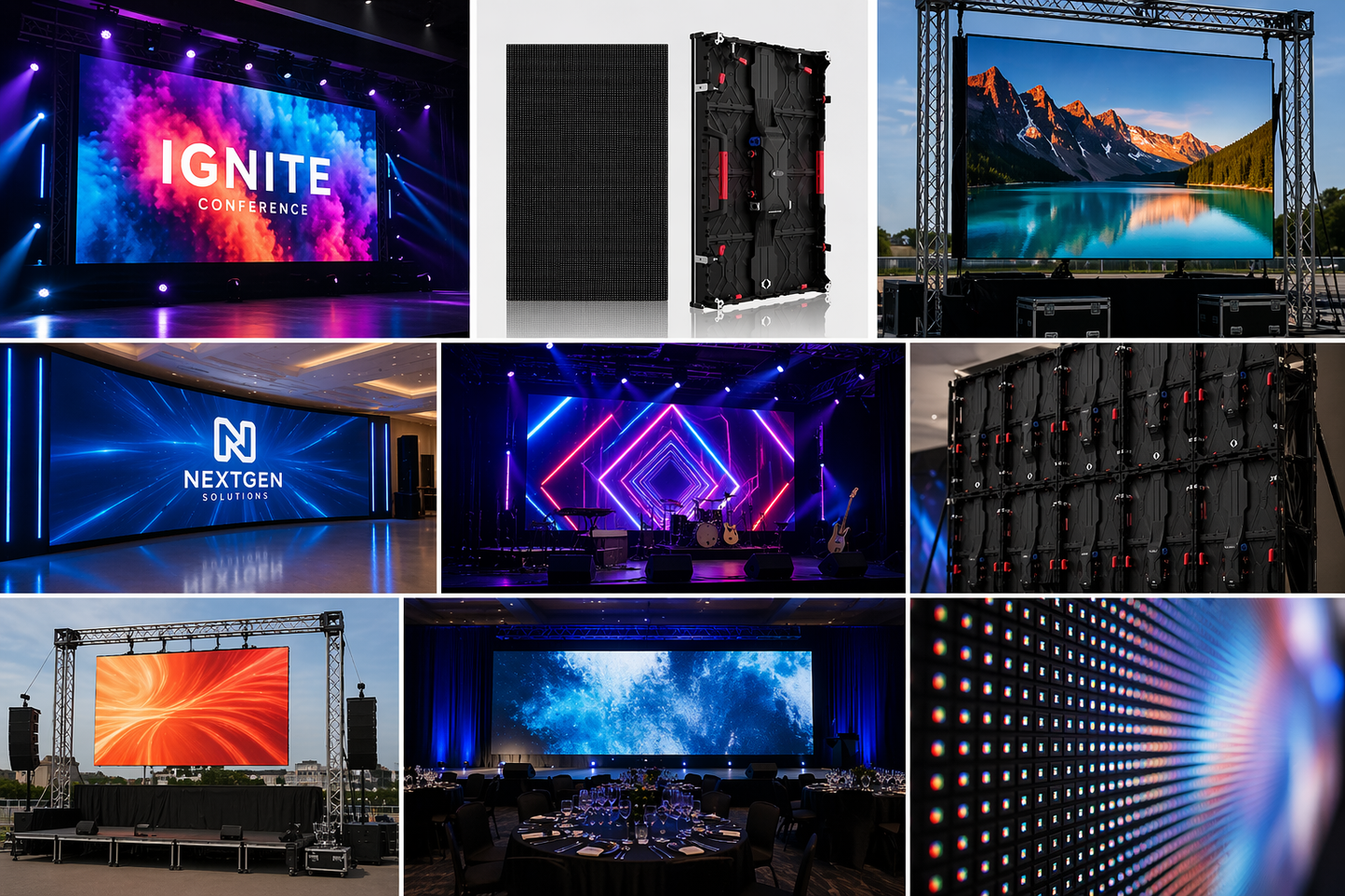 Collage of LED display screens in various settings, including conferences and events.