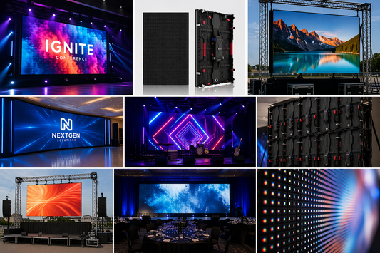 Collage of LED display screens in various settings, including conferences and events.