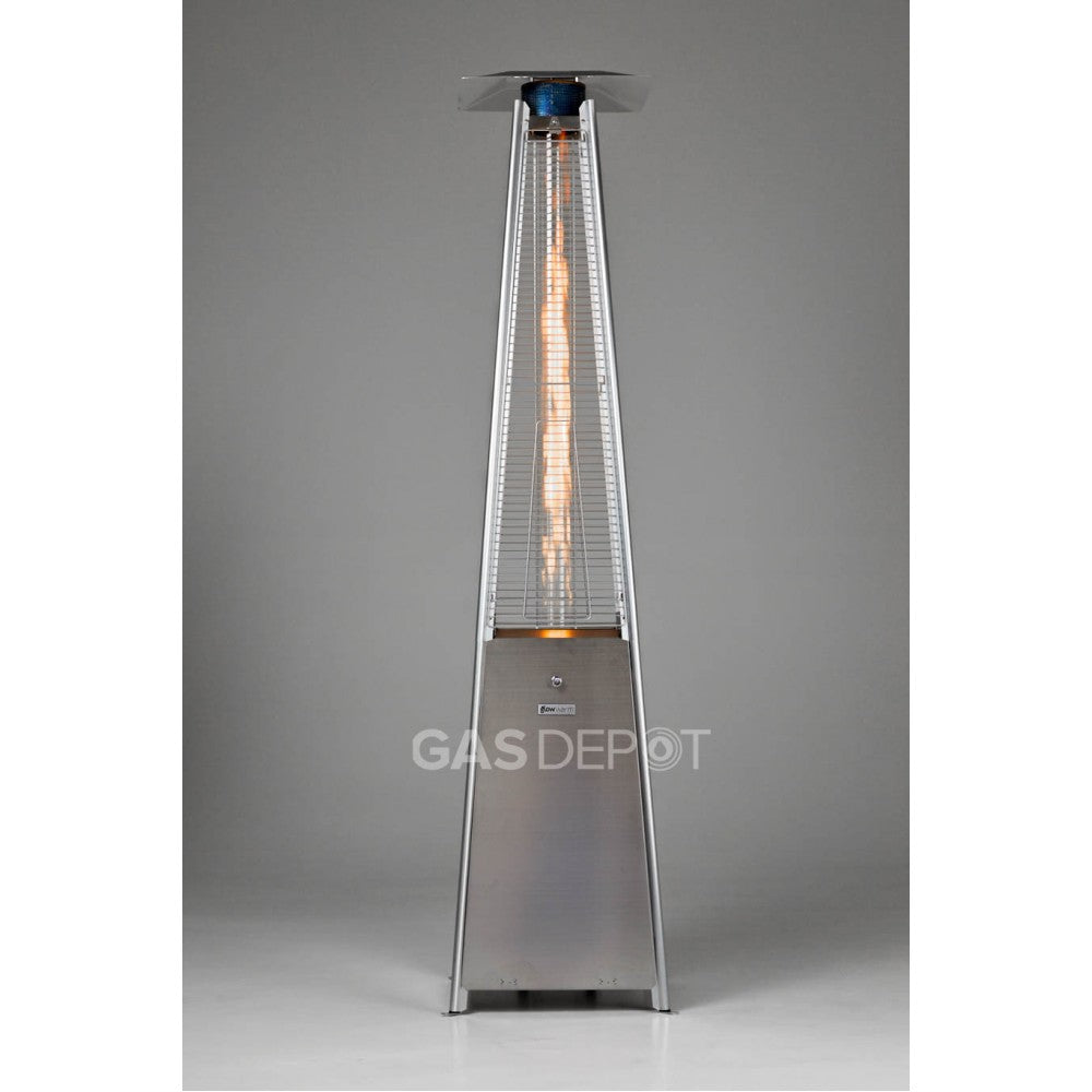 Silver stainless steel pyramid flame patio heater lit, available to hire from MAV Hire