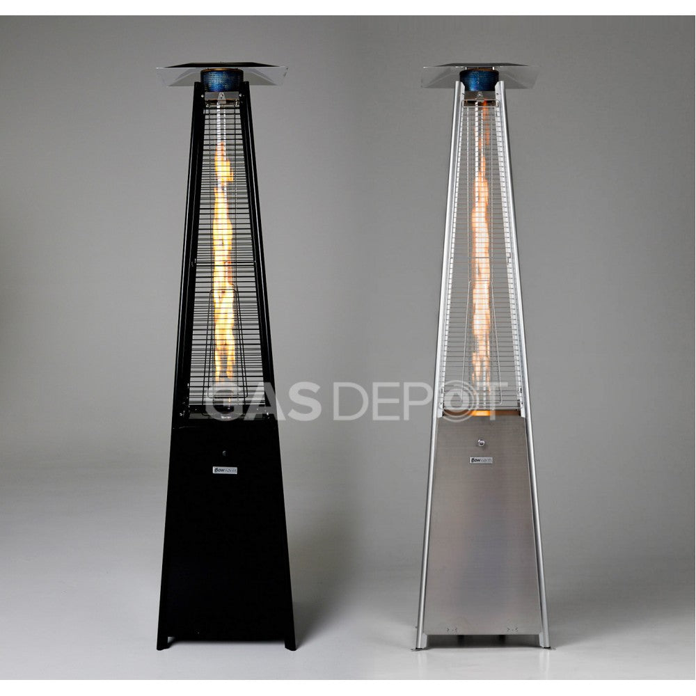 13kW pyramid flame patio heaters in silver and black, available to hire from MAV Hire